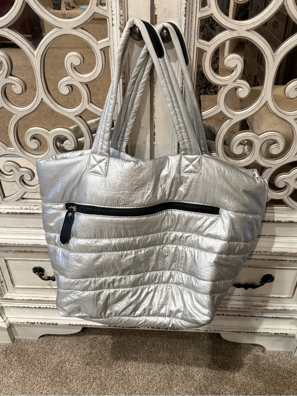 Sondra Roberts Metallic Silver Quilted Tote with Front Zip